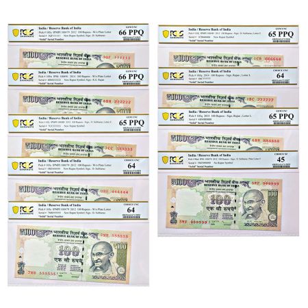100 rupees, set of 9 fancy number notes, Gandhi series, signed by D. Subbarao and Raghuram