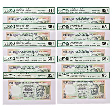 100 rupees, set of 10 fancy number notes, Gandhi series, 2014, signed by Raghuram G. Rajan
