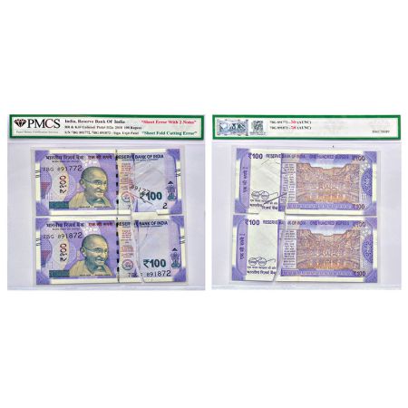 100 rupees, misprint notes (2), new Gandhi series, 2018, signed by Urjit Patel, without in