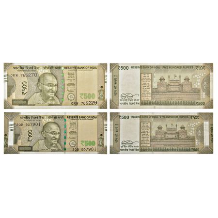 500 rupees, misprint notes (2), new Gandhi series, signed by Shaktikanta Das, 1x 2019, ser