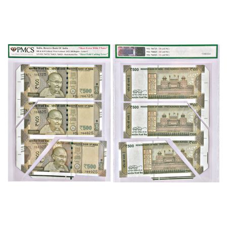 500 rupees, misprint notes (3), new Gandhi series, 2022, signed by Shaktikanta Das, inset 