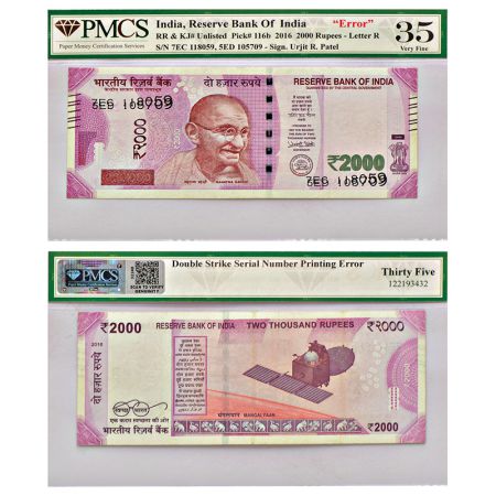 2000 rupees, misprint, new Gandhi series, 2016, signed by Urjit Patel, inset 'R', telescop