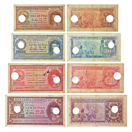 Indo-Portuguese Territories, set of 4 rupias with Cancel Holes, 10 rupias, 20 rupias, 50 r