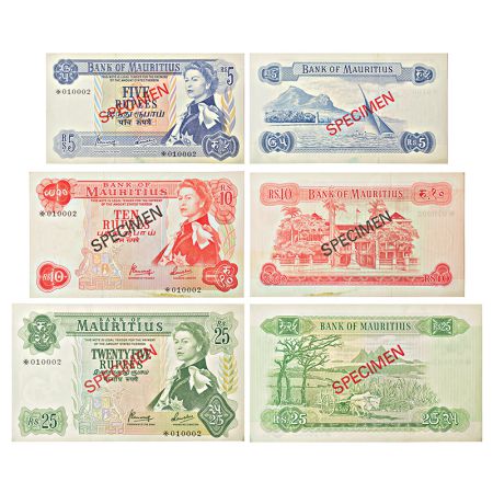 Mauritius, Queen Elizabeth II, set of 3 SPECIMEN notes, 5 rupees, 10 rupees and 25 rupees,
