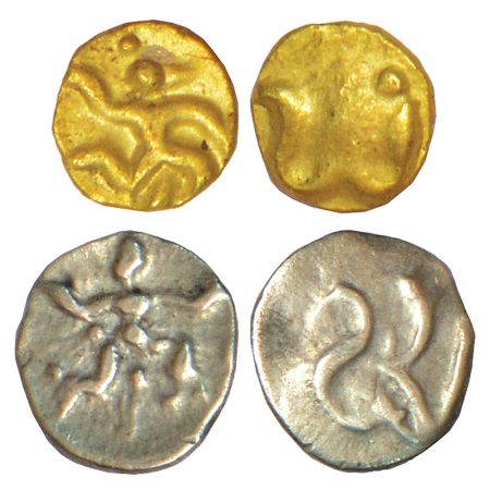 Shilaharas of Kolhapur, two 'Garuda' type coins, 1x gold ¼ fanam, MCSI-I 393-396, 0.14g. O