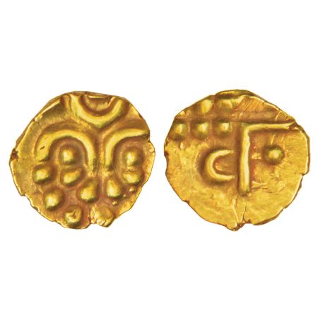 Hoysalas of Dwarasamudra, gold fanam, 0.36g. Obv: a lion to right with crescent-like curve