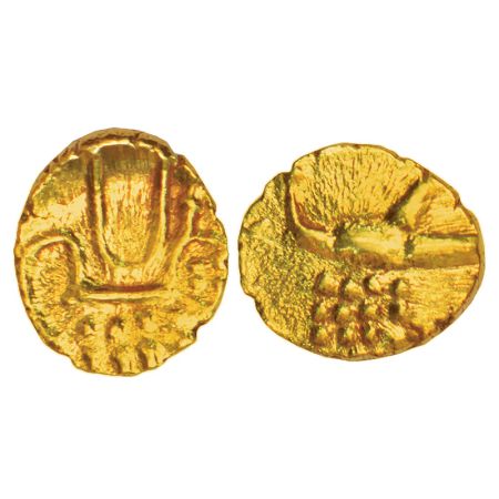 Hoysalas, gold fanam of Vira Raya, MCSI-I 324, 0.39g. Obv: Stylized lion standing right wi