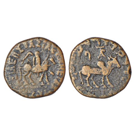 Indo-Scythians, copper tetradrachm of Azes (c.58-12 BC), 17.68g. Obv: King on horseback wi