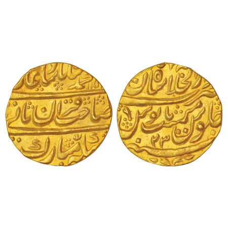Muhammad Shah (1719-1748 AD), gold mohur, Dar ul-Khilafat Shahjahanabad mint, AH 115x/RY 2