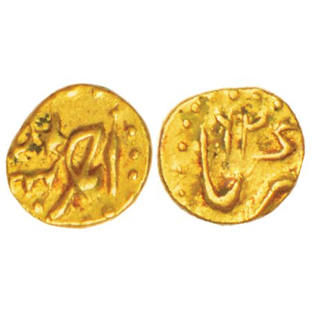 Ahmad Shah Bahadur (1748-1754 AD), gold ½ fanam, Karpa mint, AH (11)62, unlisted in KM, 0.