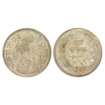 Baroda, Sayaji Rao III (1875-1938 AD), silver rupee, VS 1949, KM Y36, 11.35g. Obv: Portrai