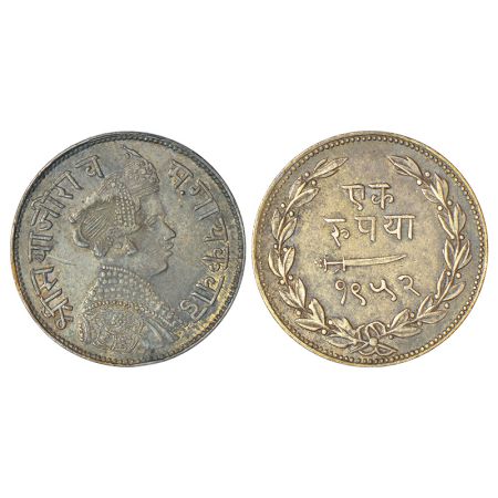Baroda, Sayaji Rao III (1875-1938 AD), silver rupee, VS 1952, KM Y36a, 11.35g. Obv: Portra