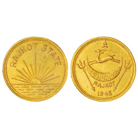 Rajkot, Dharmendra Singhji (1930-1948 AD), gold mohur, 1945, KM X1, 7.98g. Obv: Legend Raj