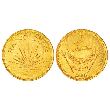 Rajkot, Dharmendra Singhji (1930-1948 AD), early re-strike gold mohur, 1945, KM X1, 5.80g 