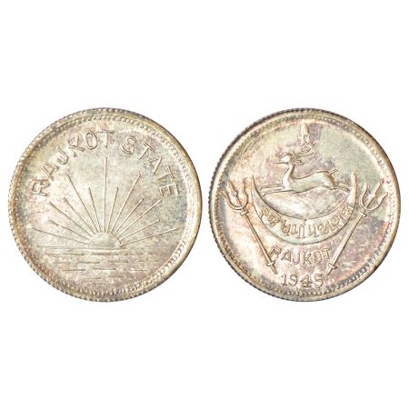 Rajkot, Dharmendra Singhji (1930-1948 AD), silver mohur, 1945, KM X1a, 5.86g. Obv: Legend 