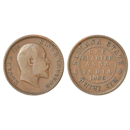 Sailana, Jaswant Singh (1890-1919 AD), copper ¼ anna, AD 1908, KM 15, 4.82g. Obv: Portrait