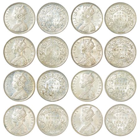 Victoria Queen and Empress, silver rupee (8), Bombay mint, 5x 1862, 1x 1886 and 2x 1900. (