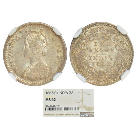 Victoria Queen, silver 2 annas, 1862, Calcutta mint, top three petals of the bottom ornate
