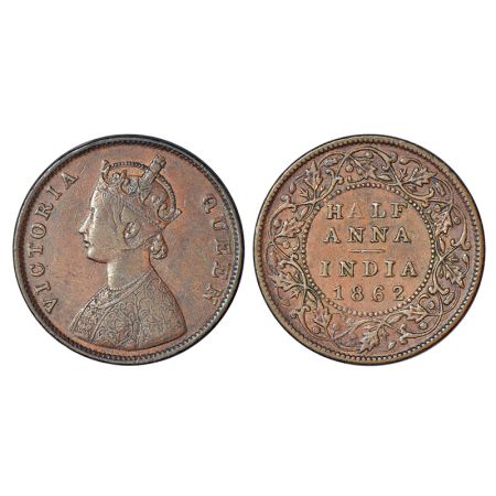 Victoria Queen, copper ½ anna, 1862, Madras mint, A/I, PR 577; GK 390, 13.05g. Good very f