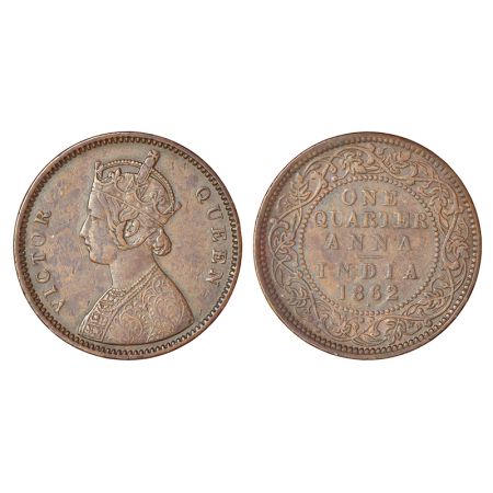 Victoria Queen, copper ¼ anna, 1862, Bombay mint, A/I/dot, PR 603; GK 398, 6.42g. About ex