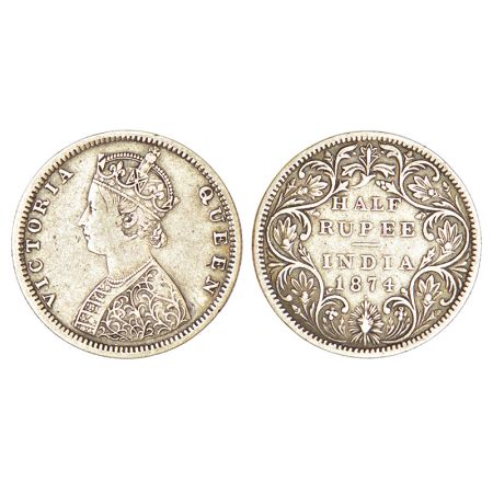 Victoria Queen, silver ½ rupee, 1874, Bombay mint, B2/II/dot, PR 285; GK 600, 5.70g. Very 