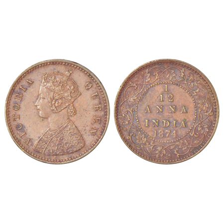 Victoria Queen, copper 1/12 anna, 1874, Calcutta mint, no mint mark, GK 882, 2.24g. Extrem