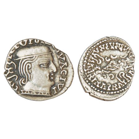 Western Kshatrapas, Karddamaka dynasty, silver drachm of Damasena s/o Rudrasimha I as Maha