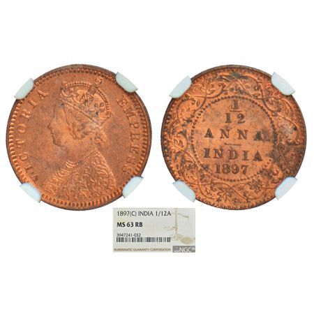 Victoria Empress, copper 1/12 anna, 1897, Calcutta mint, no mint mark, PR 802; GK 918. NGC
