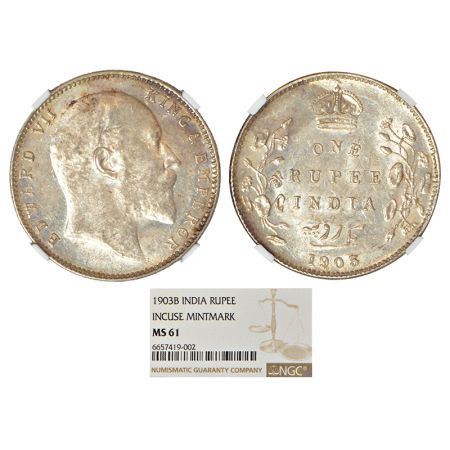 Edward VII, silver rupee, 1903, Calcutta mint, no mint mark, PR 189; GK 924. NGC graded MS