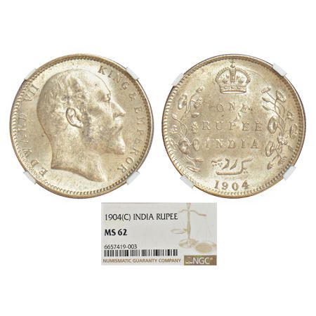 Edward VII, silver rupee, 1904, Calcutta mint, no mint mark, PR 190; GK 930. NGC graded MS