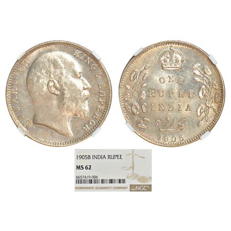 Edward VII, silver rupee, 1905, Bombay mint, 'B' incused and dot, PR 201; GK 935-936. NGC 