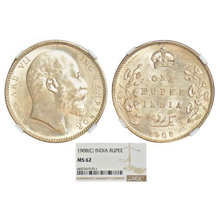 Edward VII, silver rupee, 1908, Calcutta mint, no mint mark, PR 194; GK 946. NGC graded MS