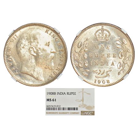 Edward VII, silver rupee, 1908, Bombay mint, 'B' incused and dot, PR 204; GK 948. NGC grad