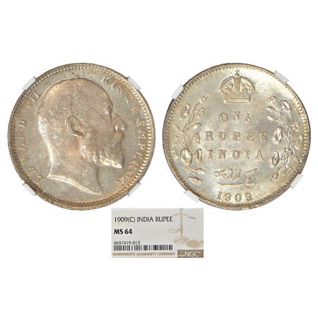 Edward VII, silver rupee, 1909, Calcutta mint, no mint mark, PR 195; GK 950. NGC graded MS