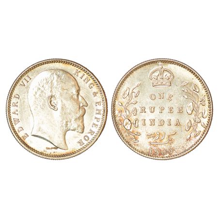 Edward VII, silver rupee, 1909, Calcutta mint, no mint mark, PR 195; GK 950, 11.67g. Uncir
