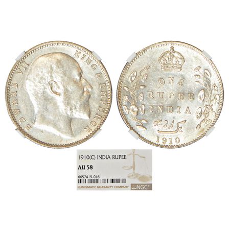 Edward VII, silver rupee, 1910, Bombay mint, dot, PR 206; GK 959. NGC graded AU58, Very sc
