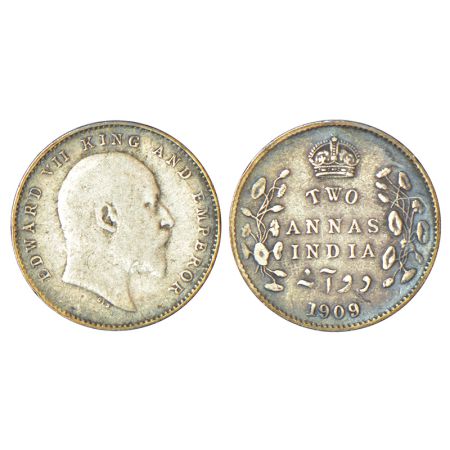 Edward VII, silver 2 annas, 1909, Calcutta mint, no mint mark, PR 562; GK 986, 1.42g. Very