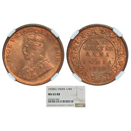 George V, copper ¼ anna, 1928, Calcutta mint, no dot, PR 669; GK 1188. NGC graded MS65RB, 
