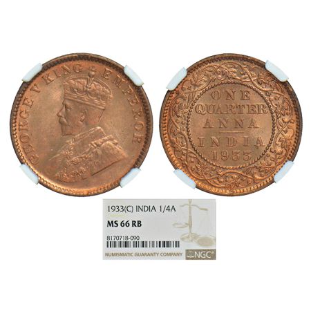 George V, copper ¼ anna, 1933, Calcutta mint, no dot, PR 673; GK 1193. NGC graded MS66RB, 