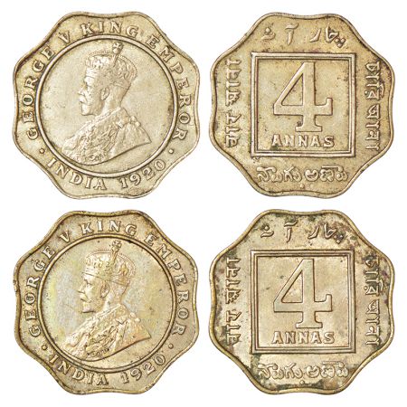 George V, cupro-nickel 4 annas (2), 1920, Bombay mint, dot, PR 878; GK 1104. (2 coins) Nea