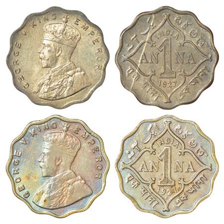 George V, cupro-nickel 1 anna (2), 1927, 1x Calcutta mint, no dot, PR 933; GK 1159 and 1x 
