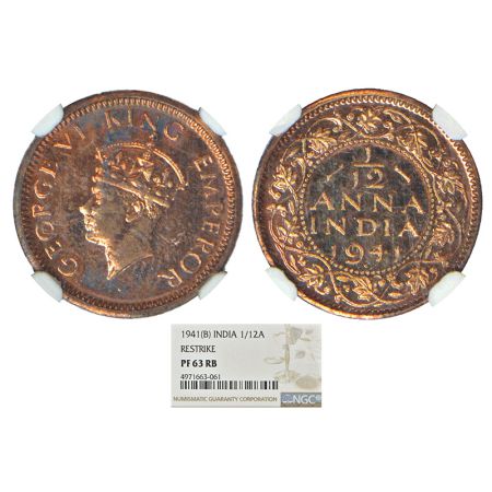 George VI, proof re-strike, copper 1/12 anna, 1941, Bombay mint, head type II, unlisted in