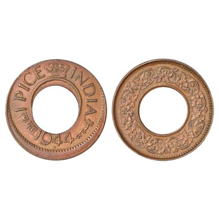 George VI, bronze pice, error, 1944, Bombay mint, diamond, GK 1436, 1.93g. Die-shift on ob