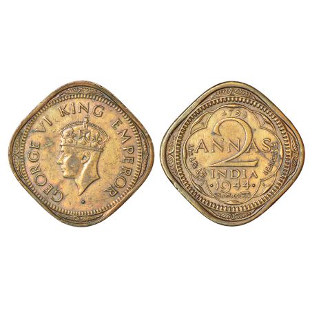 George VI, nickel brass 2 annas, 1944 (small 4), Bombay mint, head type II, PR 920; GK 136
