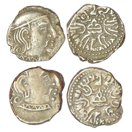 Western Kshatrapas, Karddamaka dynasty, two silver drachms of Swami Rudrasimha III (c.385-