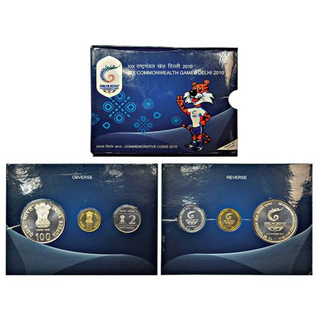 2010, XIX Commonwealth Games Delhi, Proof set of 3 coins, 100 rupees, 5 rupees and 2 rupee