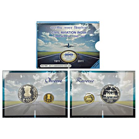 2011, Civil Aviation India, Proof set of 2 coins, 100 rupees and 5 rupees, Mumbai mint, in