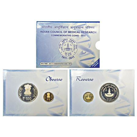 2011, 100 Years of Indian Council of Medical Research, Proof set of 2 coins, 100 rupees an