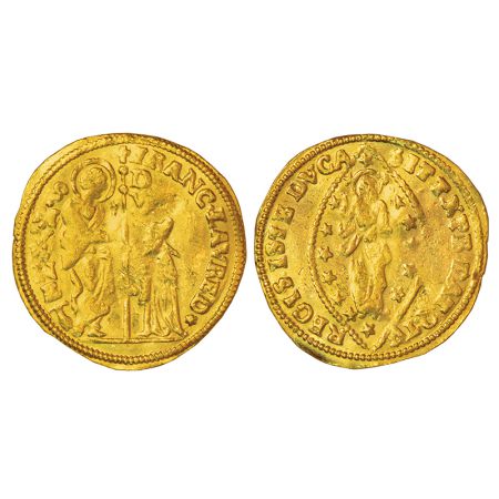 Italian State-Venice, gold zecchino, ND (1752-62 AD), KM C21, 3.49g. Obv: Doge kneeling be