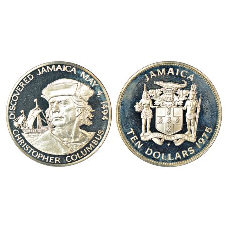 Jamaica, Elizabeth II, Proof silver 10 dollar, 1975, Christopher Columbus, KM 66a, 42.80g.